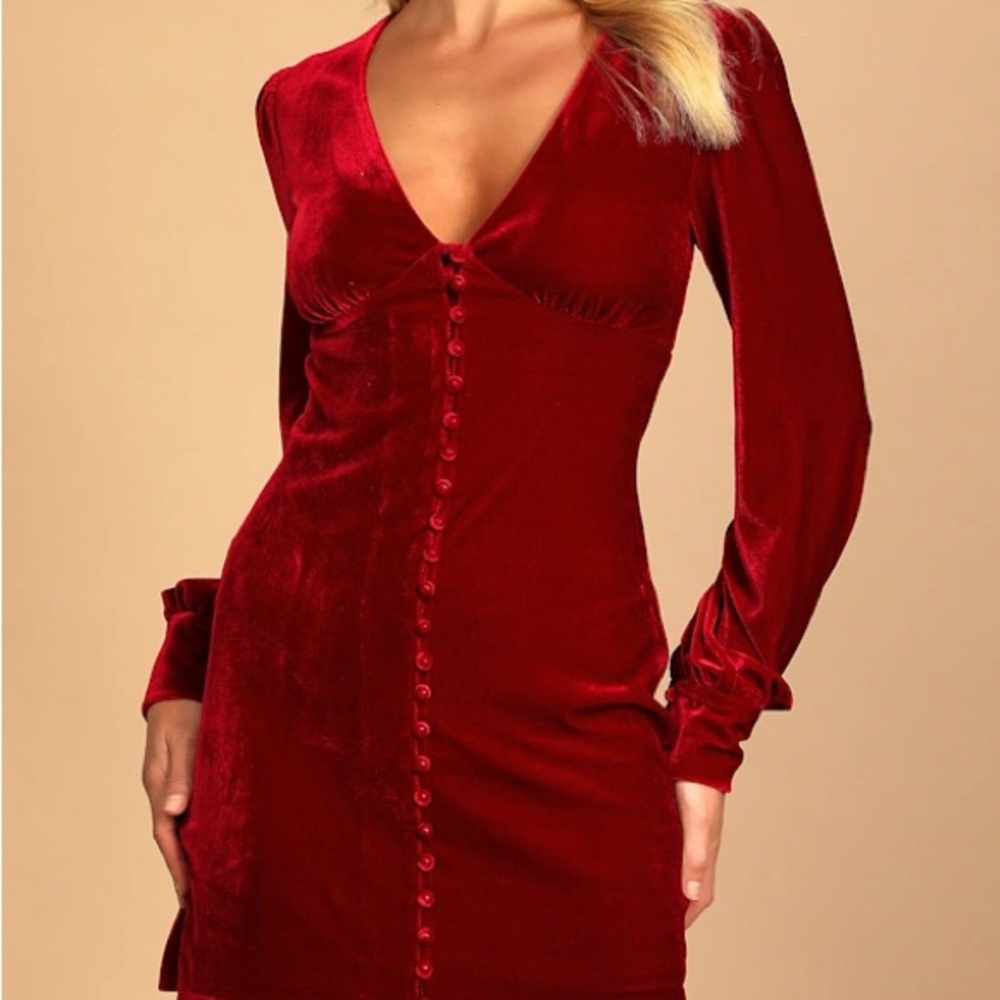 Lulu's Deep Red Velvet Long Sleeve Dress